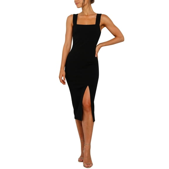 Baqcunre Wrap Dress Women's Solid Color Square Neckline Strap Bodycon Party Dress Summer Dresses for Women 2024 Dresses for Women 2024 Womens Dresses Black L(Hot)