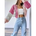 thumbnail image 2 of Women'S Color Block Open Front Long Sleeve Ribbed Knit Cropped Cardigan Sweaters Pink XXXL, 2 of 8