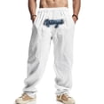 thumbnail image 1 of Pantalones largos para hombre, holgados, informales, de lino, de color liso, con bolsillo bordado, cordón ajustable y cintura elástica, de poliéster., 1 of 8