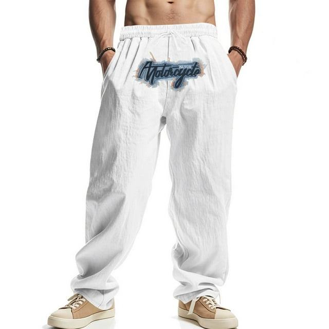 Pantalones largos para hombre, holgados, informales, de lino, de color liso, con bolsillo bordado, cordón ajustable y cintura elástica, de poliéster.