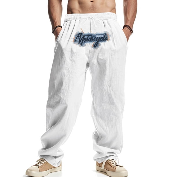 Pantalones largos para hombre, holgados, informales, de lino, de color liso, con bolsillo bordado, cordón ajustable y cintura elástica, de poliéster.