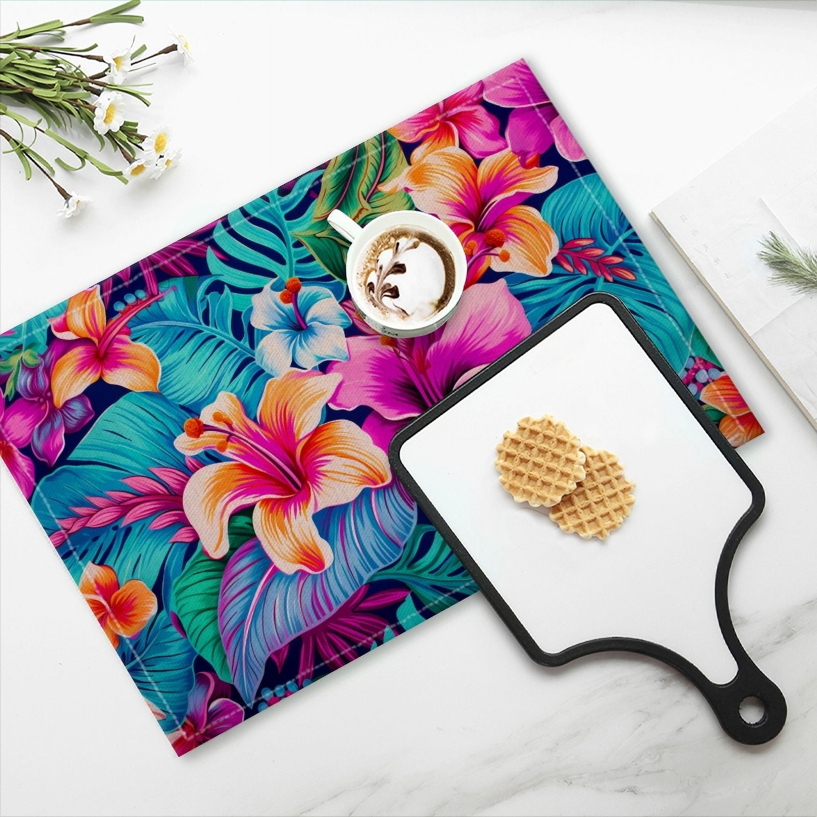 BaHomeck placemats Set of 4 Vibrant And Colorful Pattern Featuring Tropical Flowers Cotton Linen rectangle Placemats for Kitchen Dining Table Indoor,Outdoor,18*12inch