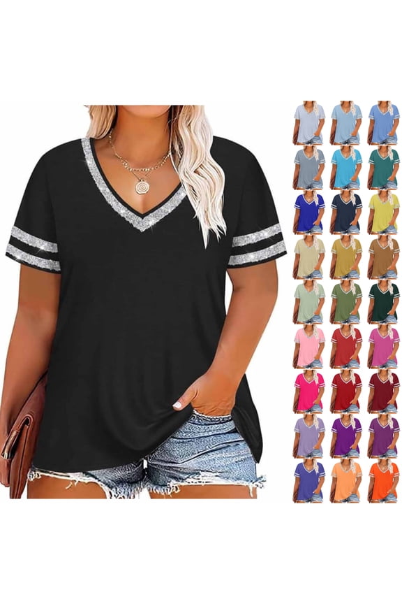Women's Plus Size Summer Tops V Neck Short Sleeve Breathable Loose Fit Tunic Blouse S-5X