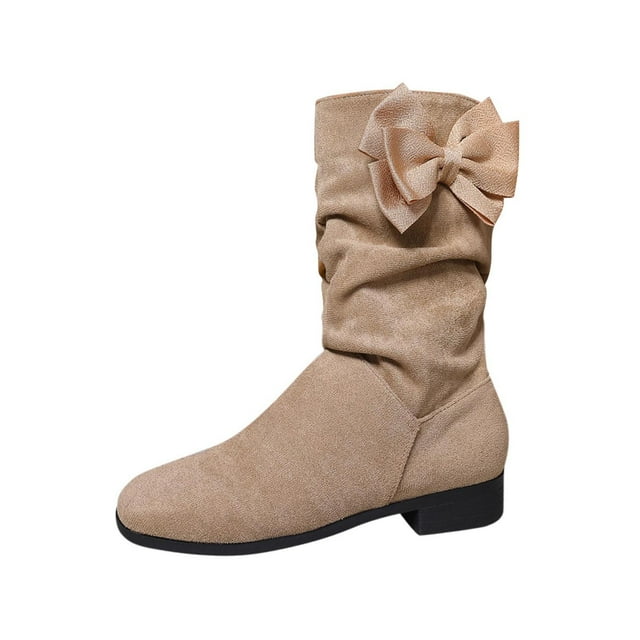Womens Winter Boots Solid Bow Round Toe Low Heel Mid Calf Knee High Heeled