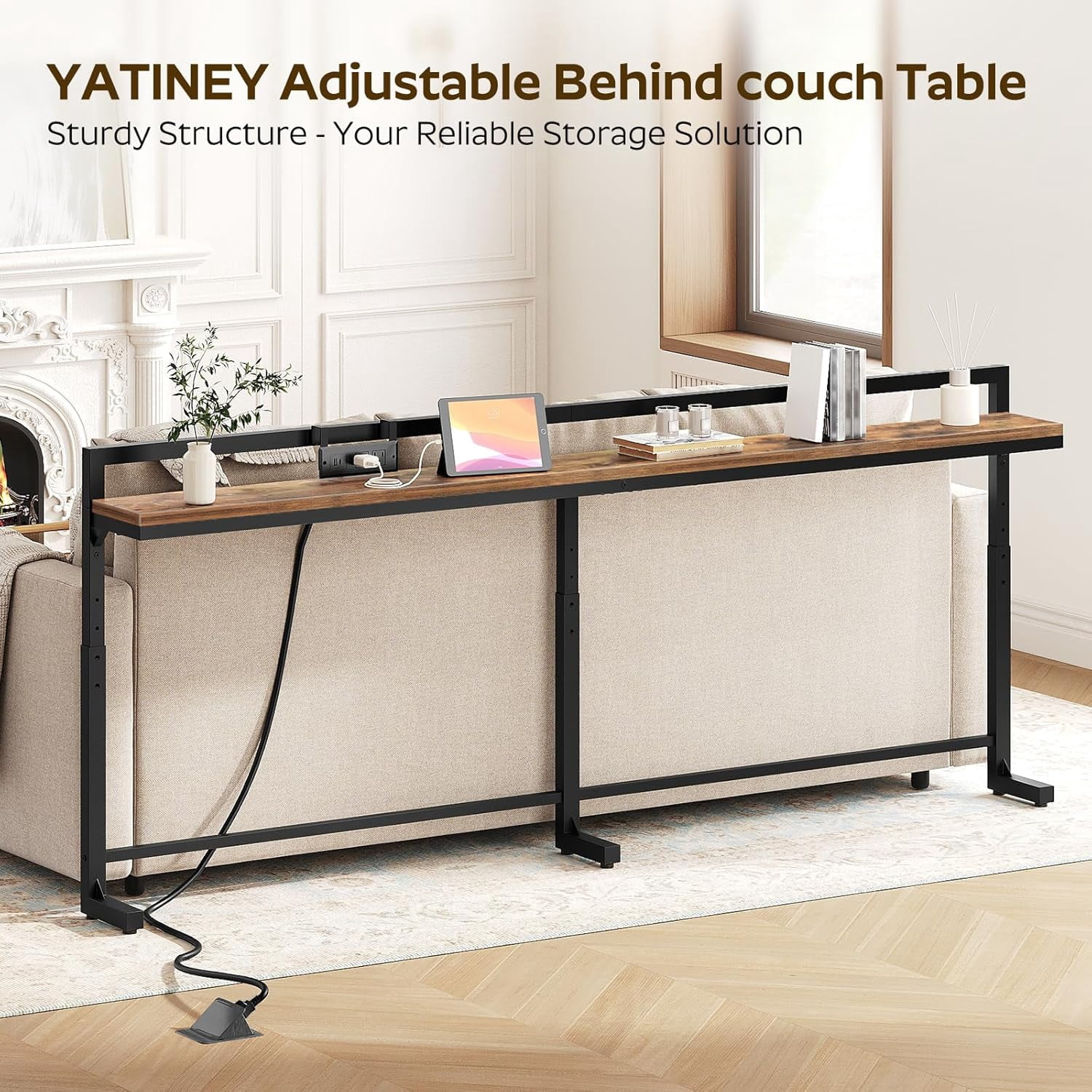 78.7'' Narrow Console Table Adjustable Height 27.6''-35.4'' with Outlet, Long Behind Couch Sofa Table Entryway Table Living Room Rustic Brown