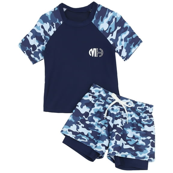Alvivi Kids Boys Rash Guard Swim Trunks And Shirt Tankini Set 2 Piece Swimsuit Bathing Suit Camouflage Blue 6XL/170