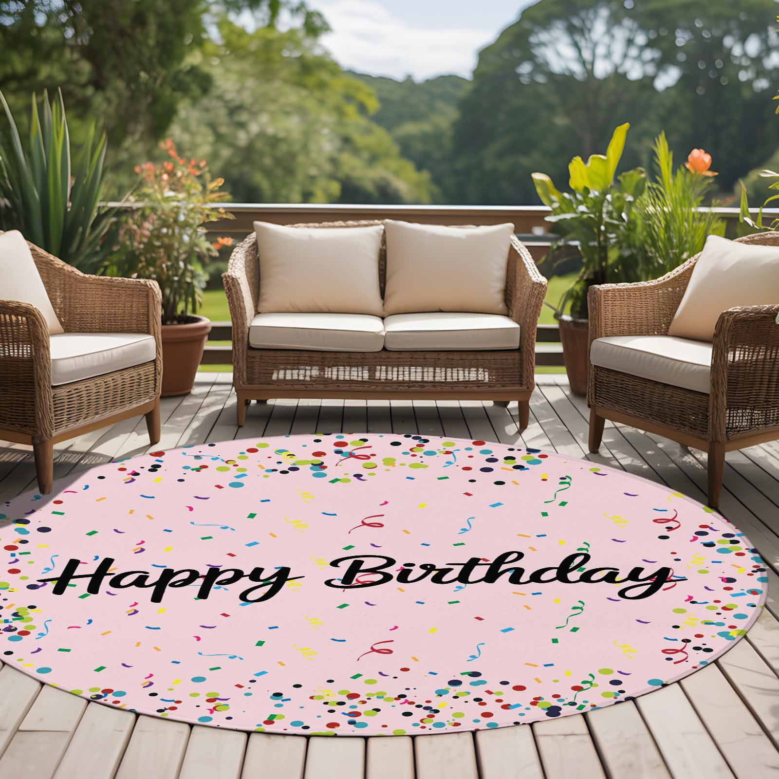 Happy Birthday Large Area Rugs for Bedroom Living Room, Soft Non Slip Carpet Bedside Rug, Pink Modern Abstract Art Round Floor Cover Kitchen Accent Rug 5' for Dining Room/Office