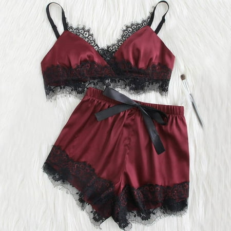 

Oaktree Summer Women Pajamas Faux Silk Lace Casual Pajamas 2 Pcs/set Home Clothing Bra + Shorts