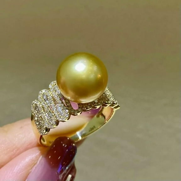 K-KED Gorgeous Huge AAA 11-12mm Round Natural South Sea Golden Pearl Ring 925s
