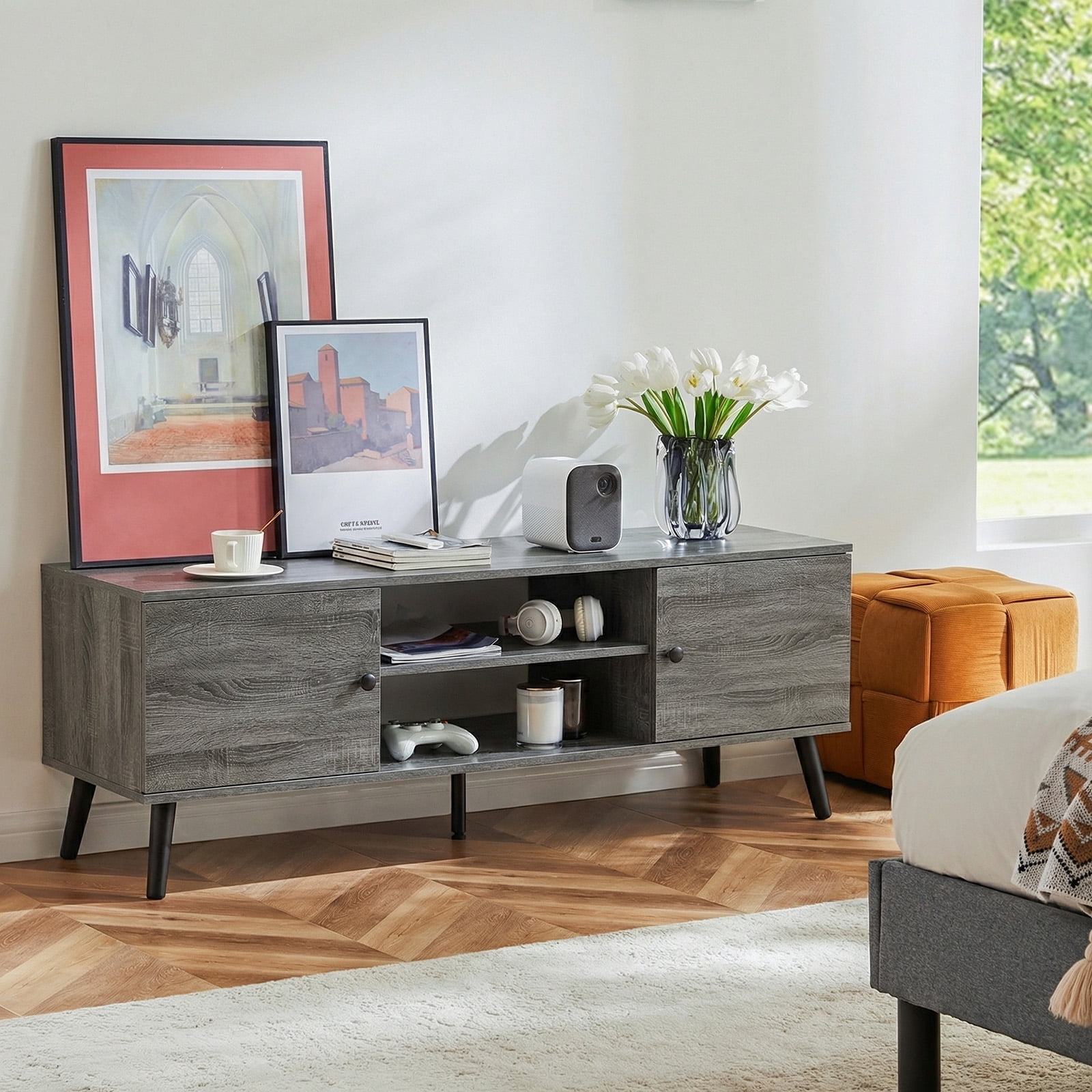 EDX Retro-Modern TV Stand, Mid-Century Media Console with Soft-Close Cabinets & Adjustable Shelves, Engineered Wood TV Cabinet for 50-65 Inch TVs, Grey Wood Grain