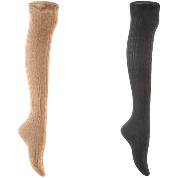Lian Style Women 2 Pairs Exquisite Thigh High Over Knee High Cotton Boot Socks With Vibrant Unique Colors Size 6-9 JMYP1024 Beige, Black