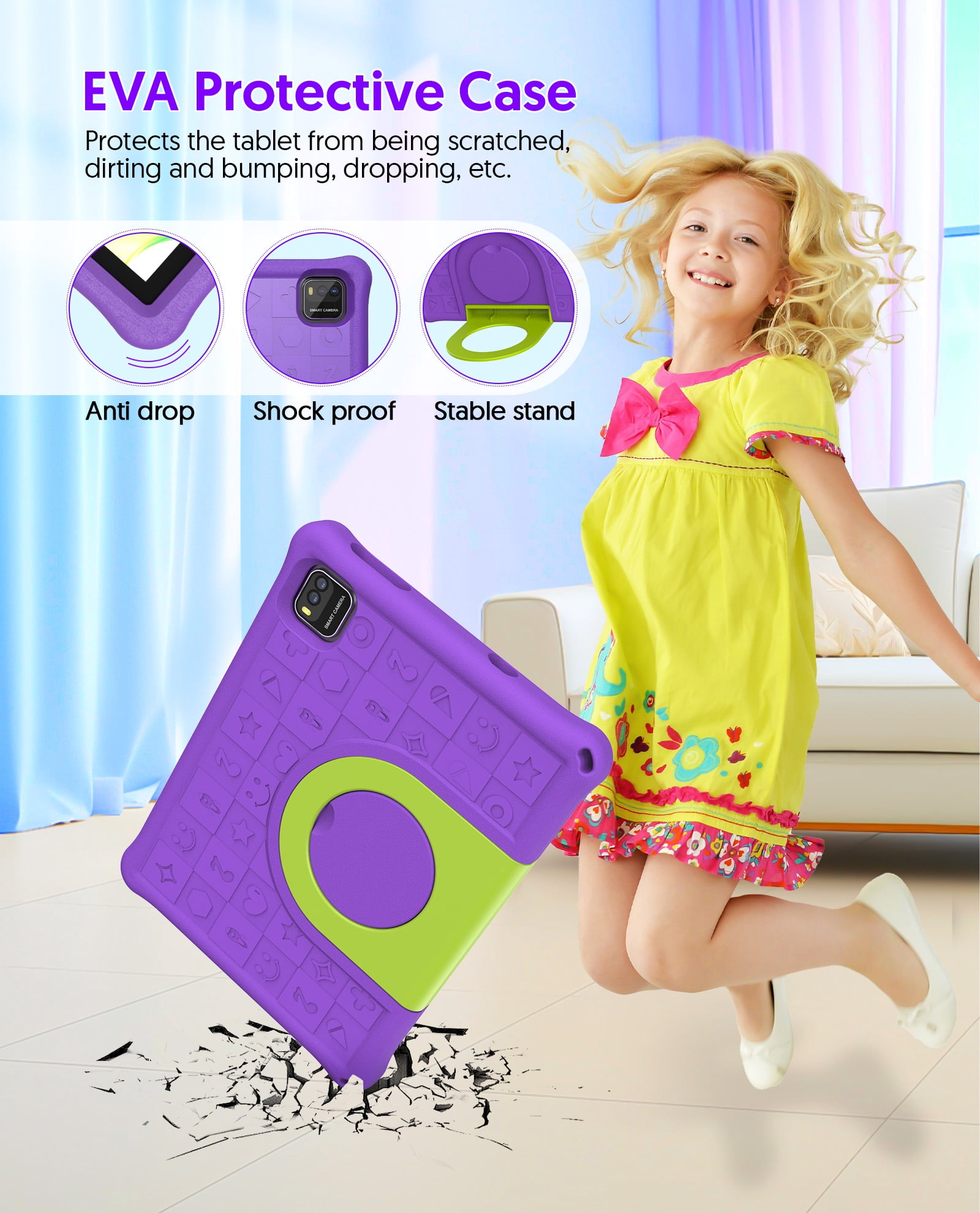 FITIFUN 10.1 inch Kids Tablet Android 15, 3GB RAM 64GB ROM 1TB Expand, Quad-Core, 5G/2.4G WiFi, 6000mAh, HD Display, Parental Control, Purple