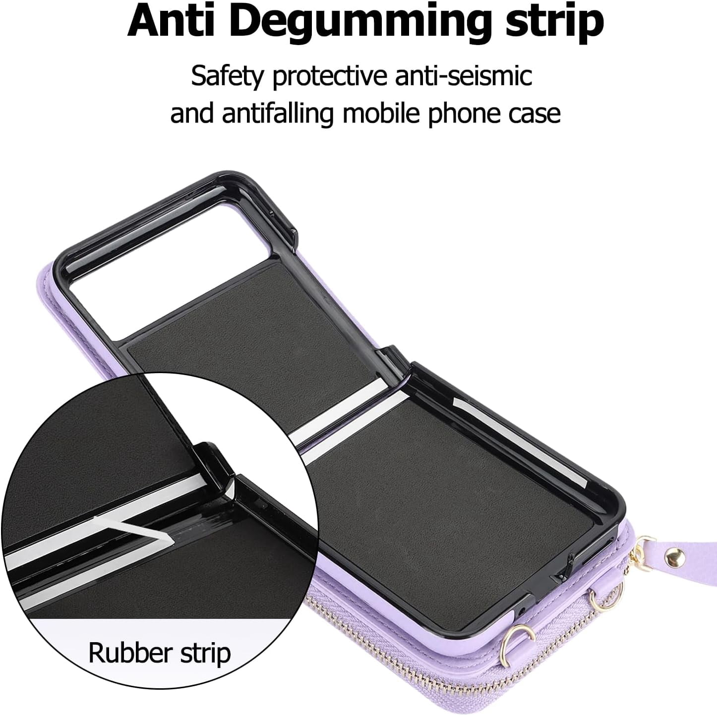 REQO Phone Case for Motorola Razr 40/Moto Razr 2023 Wallet Cover with Credit Card Holder Zipper Slot Shoulder Crossbody Strap Lanyard RFID Blocking Mobile TPU Cell Purse XT2323-6 Women Girls Purple
