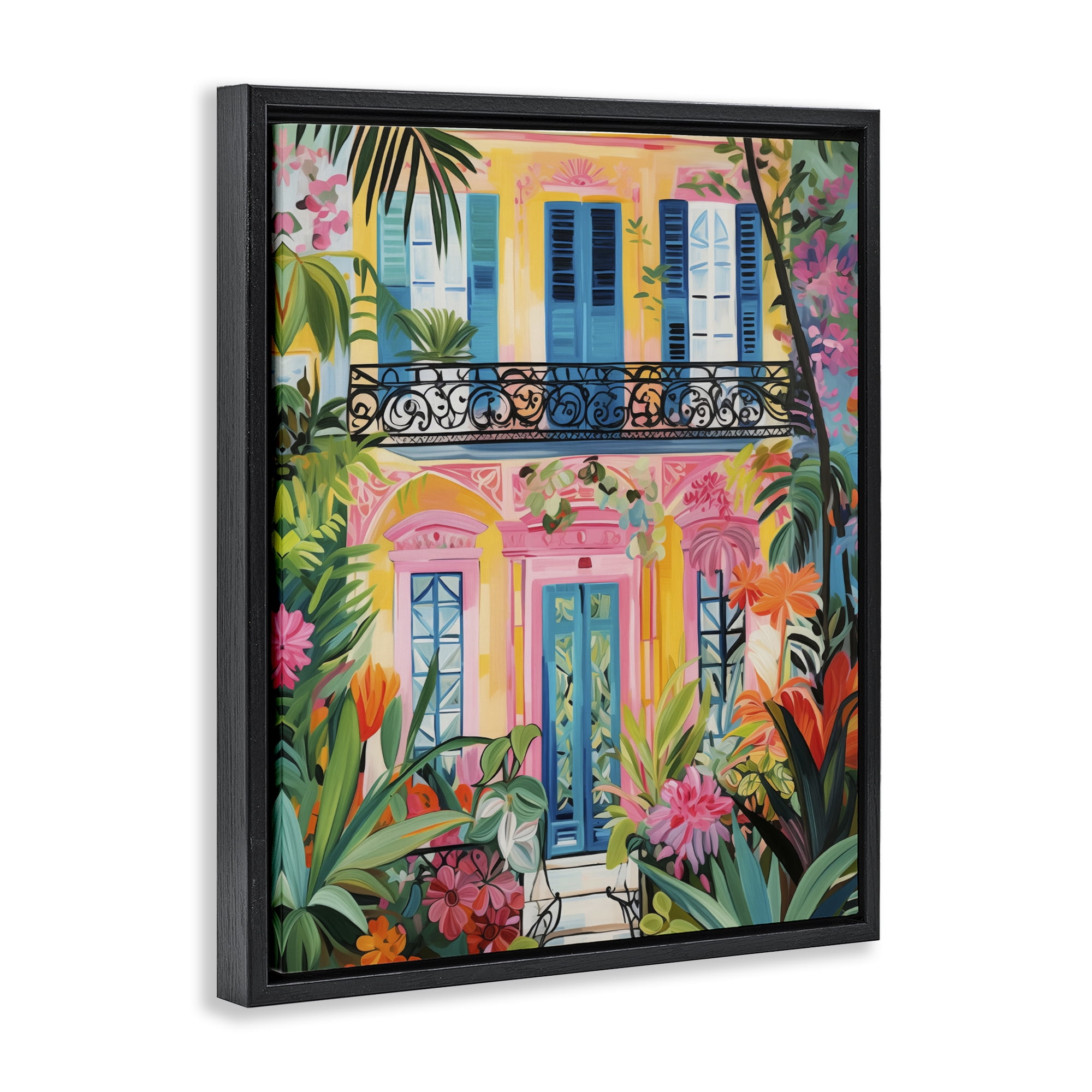 Stupell Industries Colorful Facade with Tropical Garden Black Framed Floater Canvas Wall Art, design by LSR Design Studio