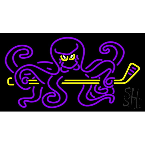 Octopus Hockey LED Neon Sign 13" Tall x 24" Wide - inches Black Square Cut Acrylic Backing, with Dimmer - Premium built indoor Sign for Storefront, Store interior, School, College, Sports complex.