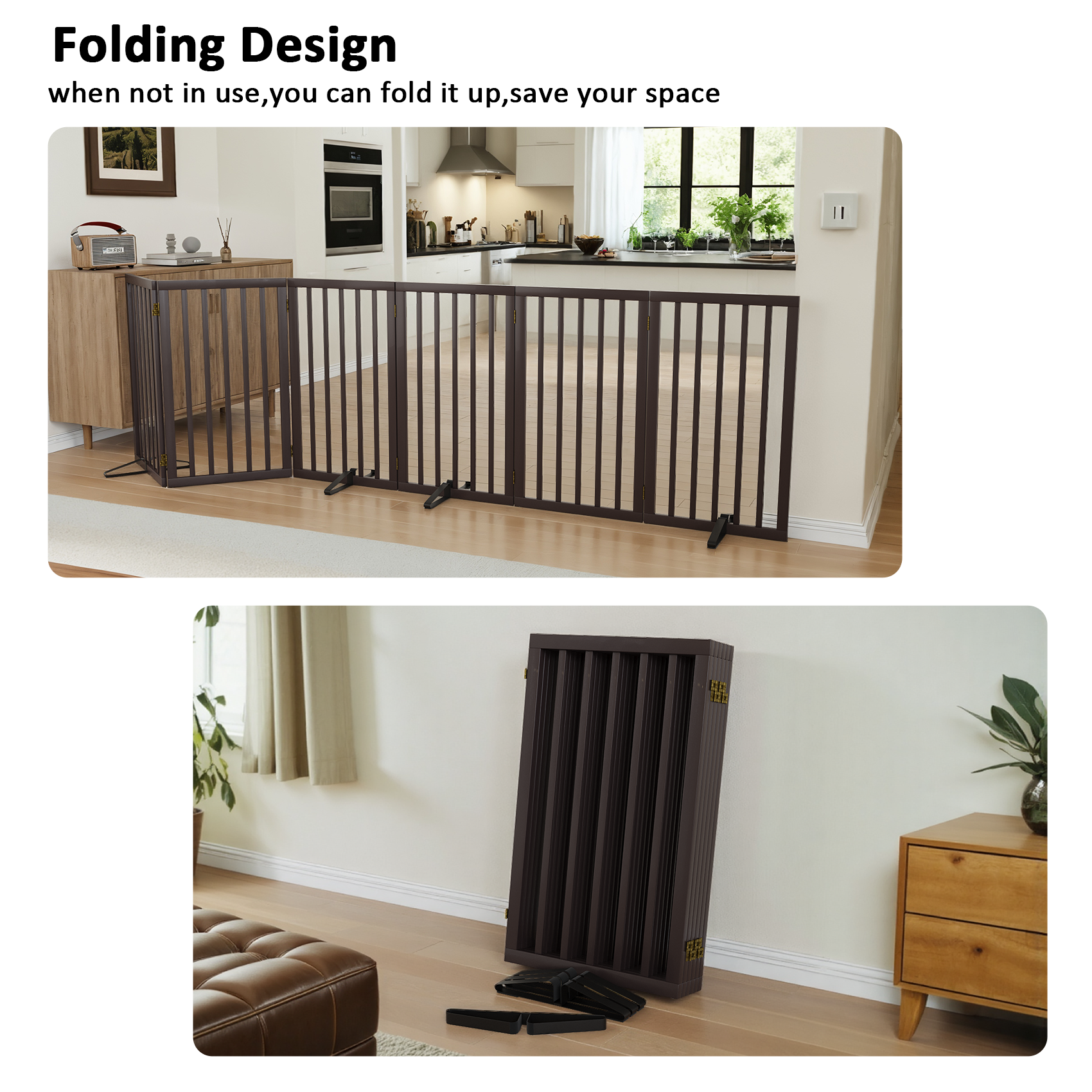 Smart FENDEE 6 Panel Foldable Bamboo Freestanding Pet Gate with Dog Gate, Expands to 110 in Wide