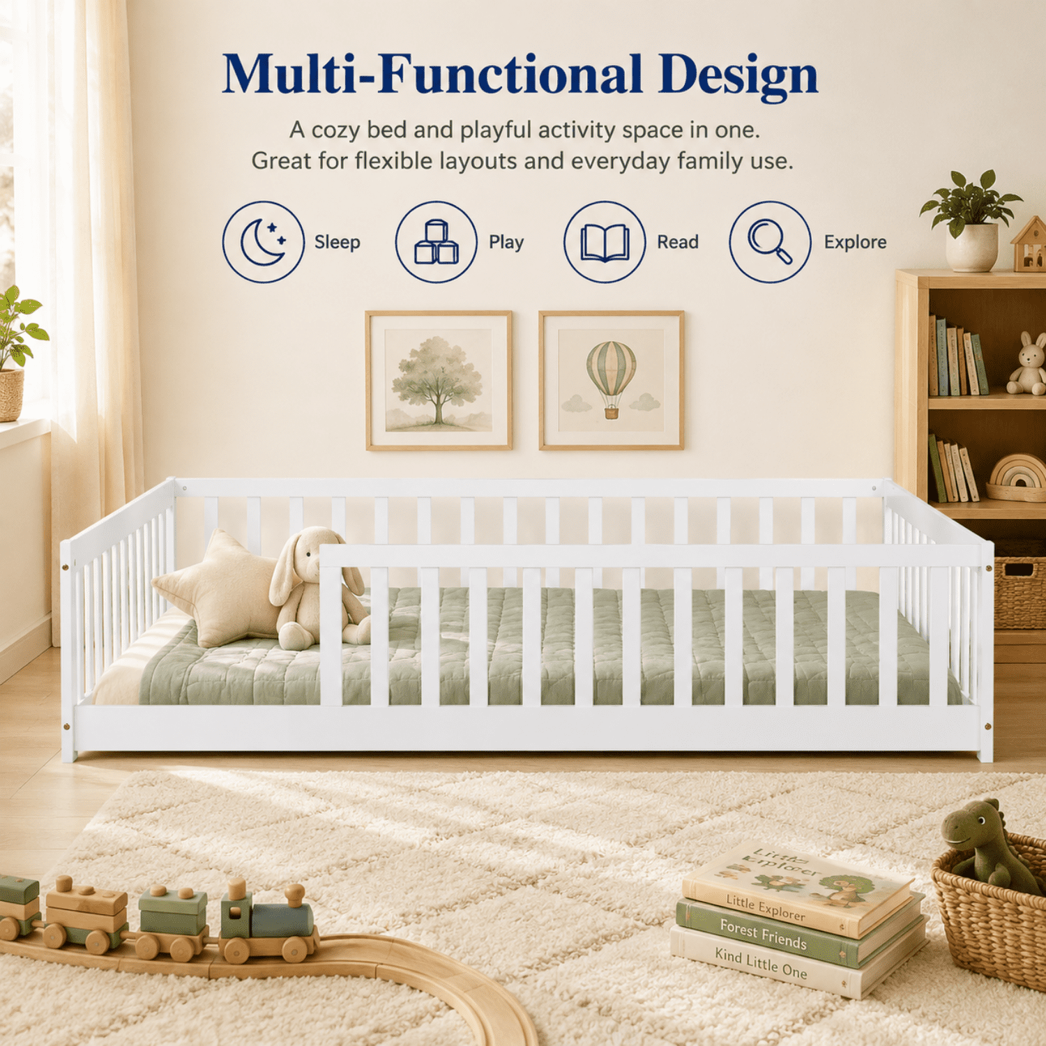 Miniyam Full Size Montessori Kids Floor Bed Frame, Wooden Bed with Fence Rails, White