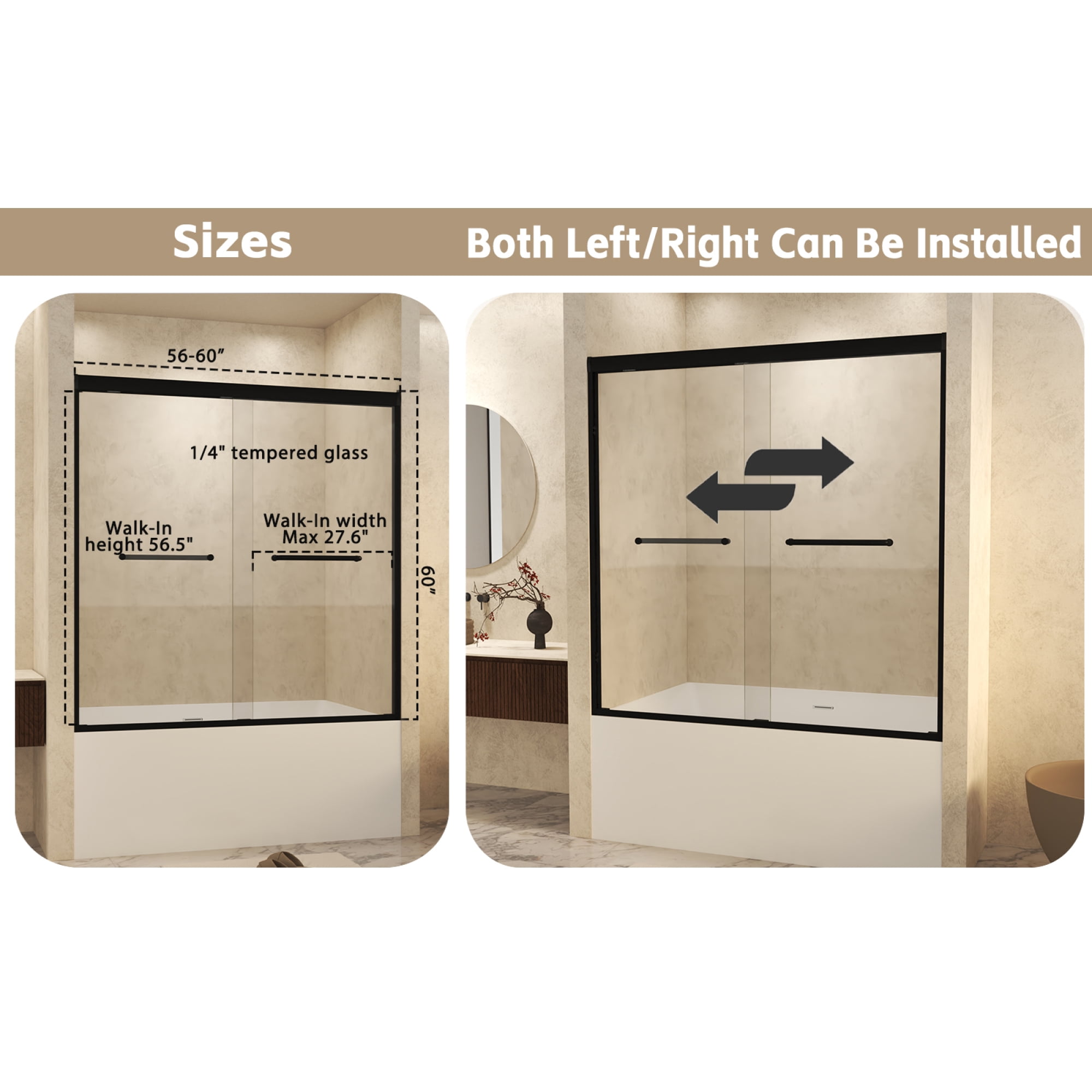 56-60 in.W x 60 in.H Double Sliding Framed Shower Door,Clear Tempered Glass,Stainless Steel Frame,Matte Black 03
