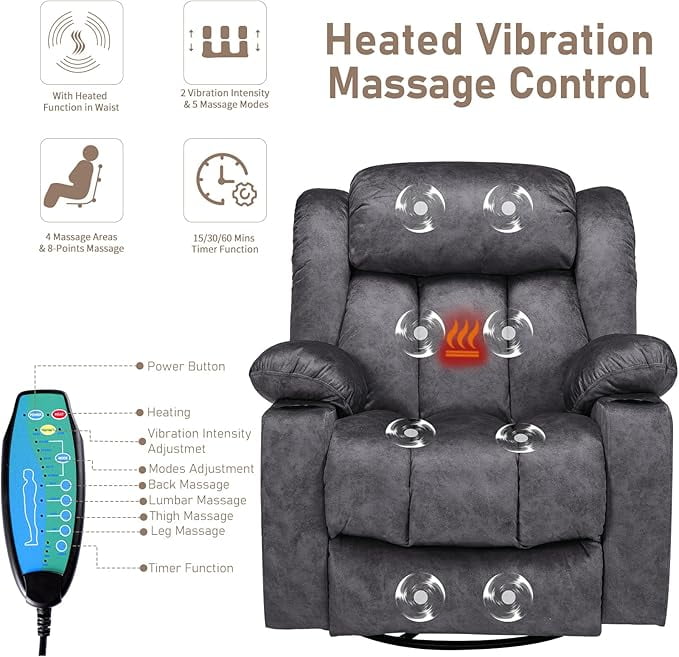 EPICOZY Swivel Rocker Recliner Chair with Heat and Massage, Manual Glider Rocking Reclining Chair, 360° Swivel Overstuffed Lounge Chair with 2 Cup Holders, Side Pockets & USB Ports, Fabric Grey