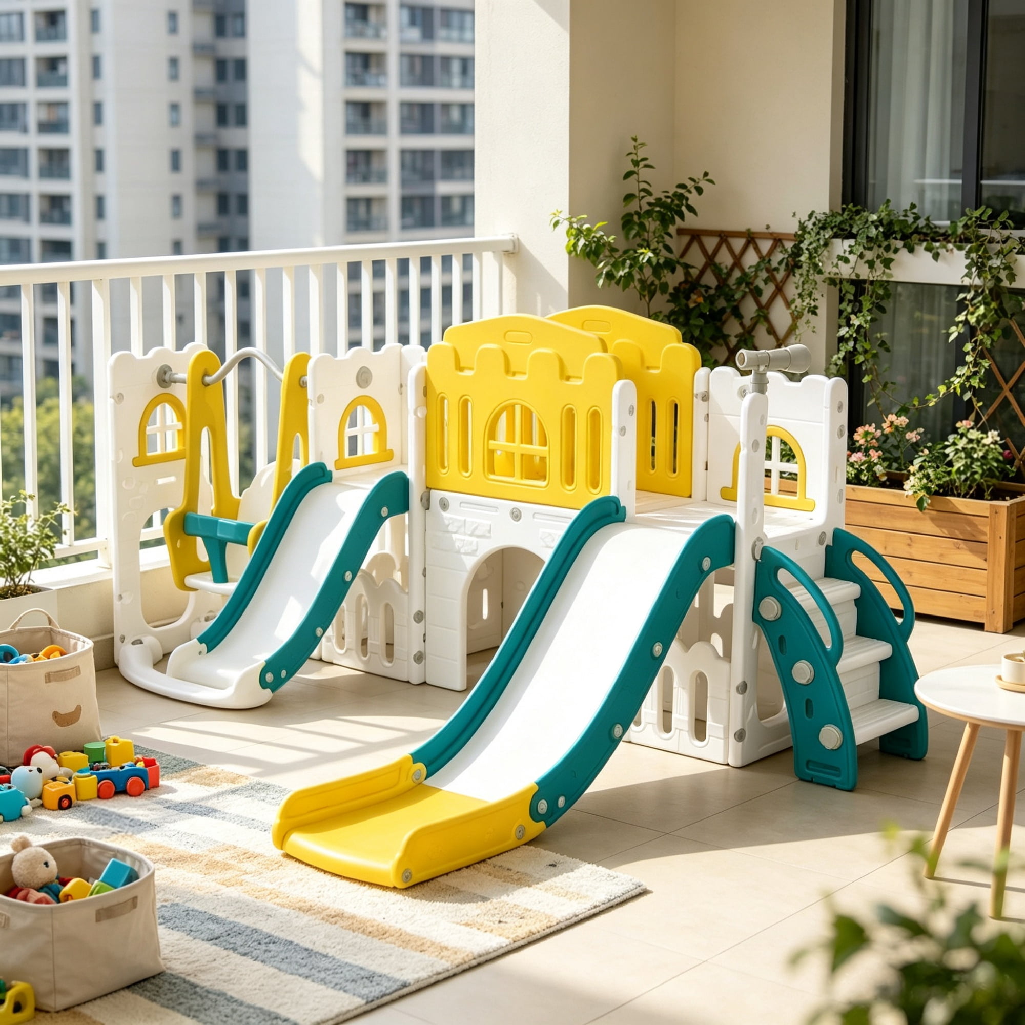 8-in-1 Toddler Playground Set, Slide & Swing, 2 Slides, Basketball Hoop, Climber, Storage Telescope, Yellow