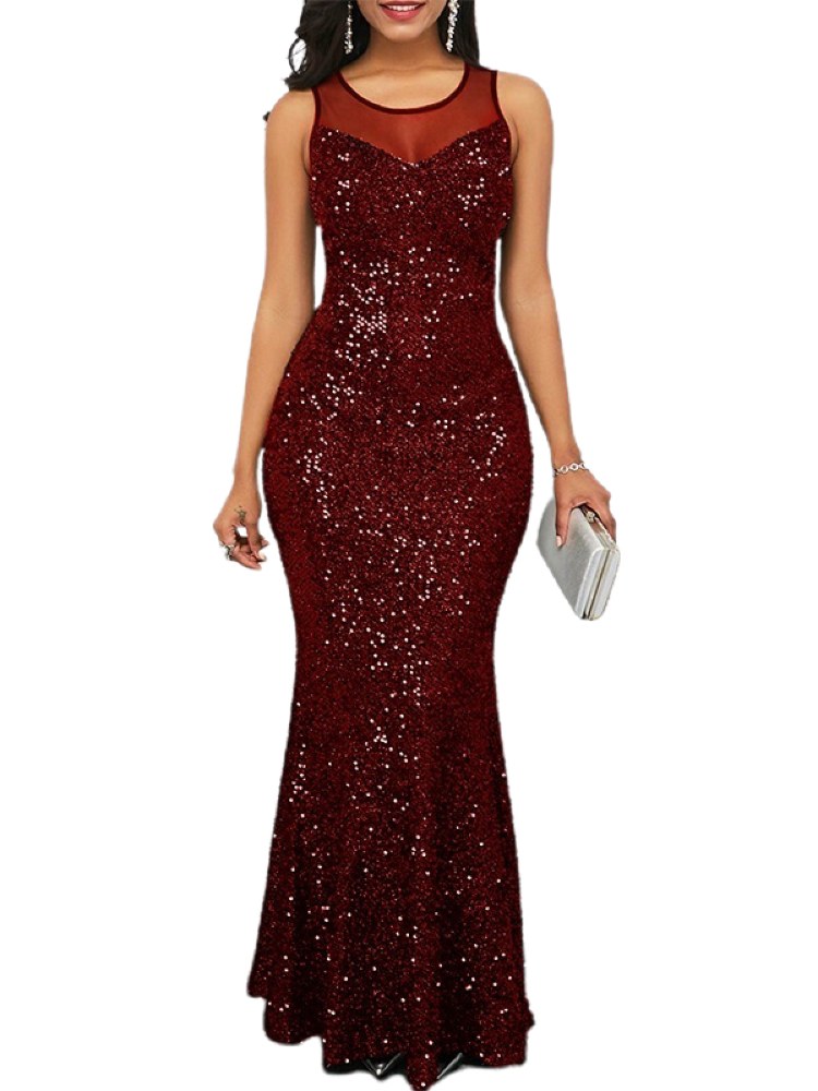 Women Elegant Sequin Long Prom Dress Lady Sleeveless Party Evening Maxi