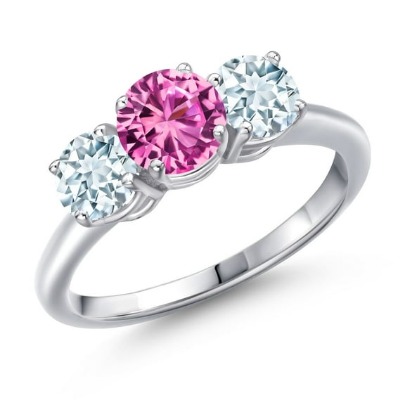 Gem Stone King 925 Sterling Silver Pink Created Sapphire and Sky Blue Aquamarine Engagement Ring for Women | 2.00 Cttw | Round 6MM | Gemstone September Birthstone | Size 5