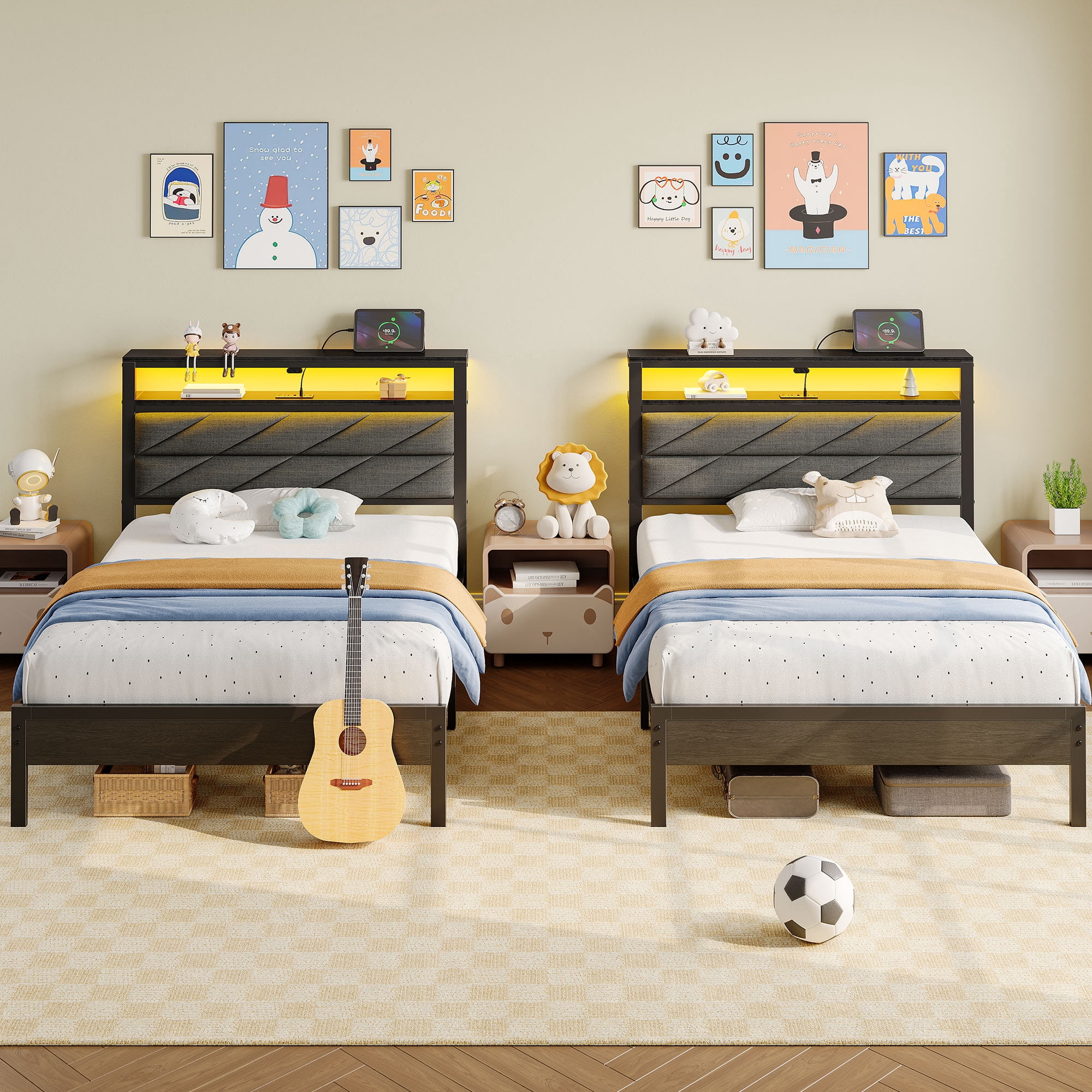 Greenstell Twin LED Bed Frame with Headboard Storage - Charging Station, Dark Gray