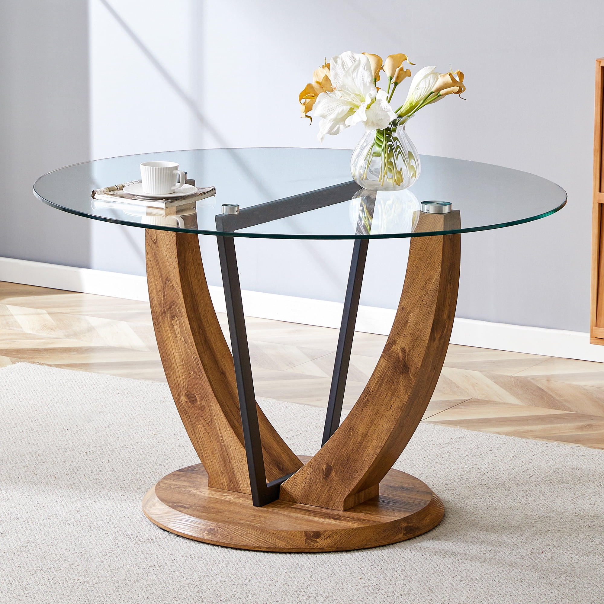 Table de salle à manger ronde Noble House 122 cm, plateau en verre trempé 1 cm d'épaisseur, transparent et bois