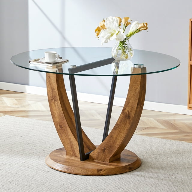 Noble House 48" Round Glass Dining Table,Tempered Glass Top,Wood Tone