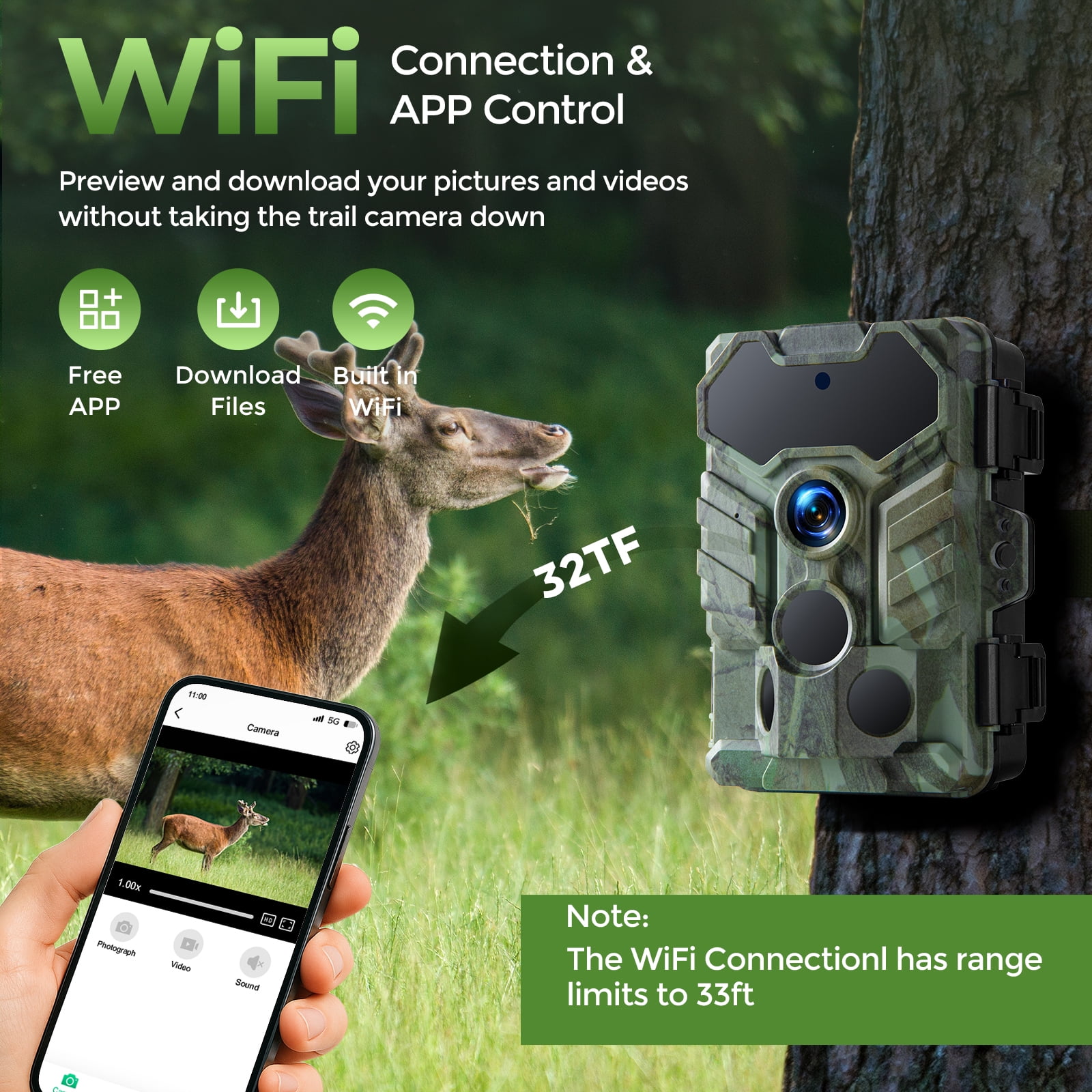 CAMPARK Trail Camera with SD Card 1080P 32MP Game Camera with Night Vision Motion Activated 2.0"LCD Hunting Deer Trail Cam for Wildlife Monitoring