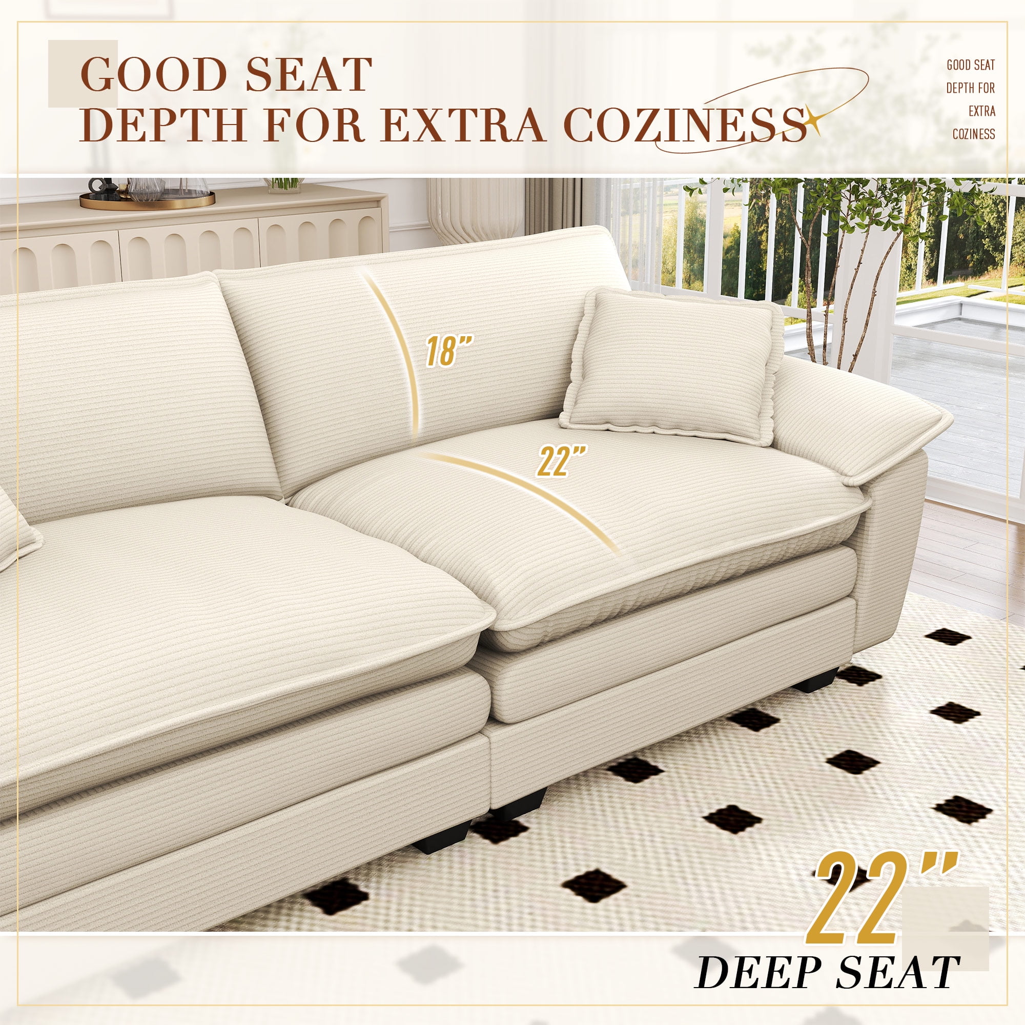 Lunale 80.5" Oversized 2 Seater Corduroy Sofa, Deep Seat Sleeper Cloud Couch for Living Room, Beige