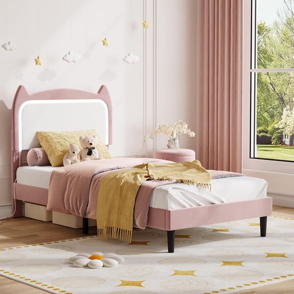 Homhougo Twin Wooden Platform Bed Frame with Storage Headboard & Raised Footboard, No Box Spring Needed, Pink Without Drawer