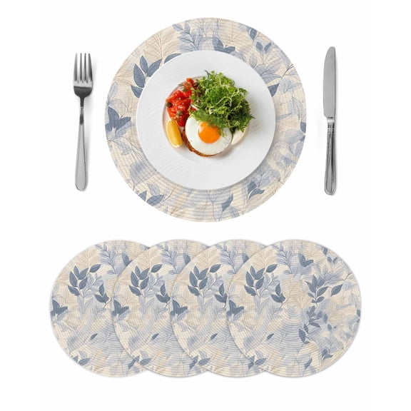 Blue Yellow Botanical Round 15 Inch Placemats Set of 4, Spring Summer Vintage HeatResistant Non Slip Place Mats for Dining Table, Wipeable Braided Kitchen Table Mats for Housewarming