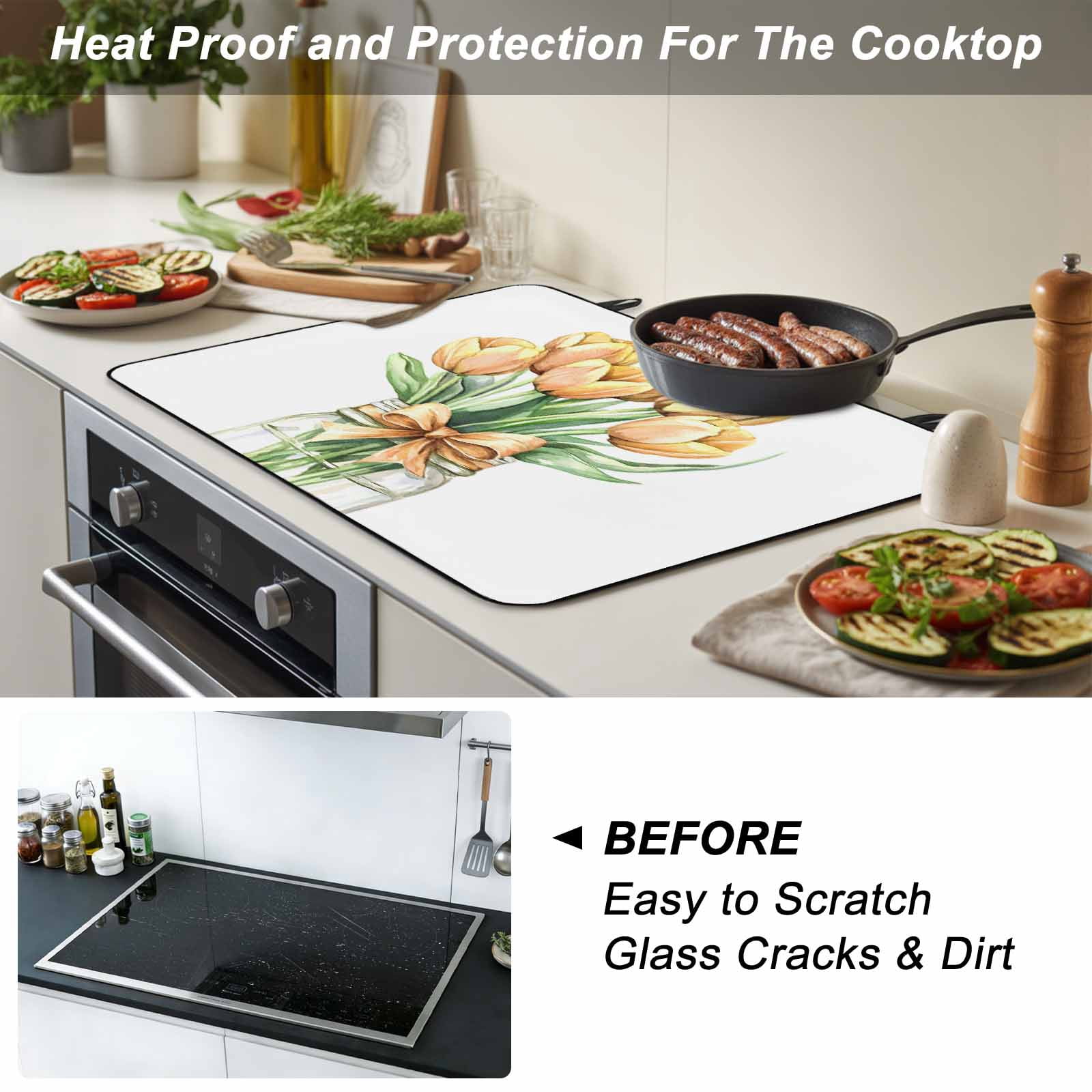Spring Floral Yellow Stove Top Cover for Electric Stove, Heat-proof & Non Slip Glass Top Stove Cover Protector, Botanical Tulips Flower in Vase Kitchen Flat Cooktop Rubber Mat 24x21 Inches