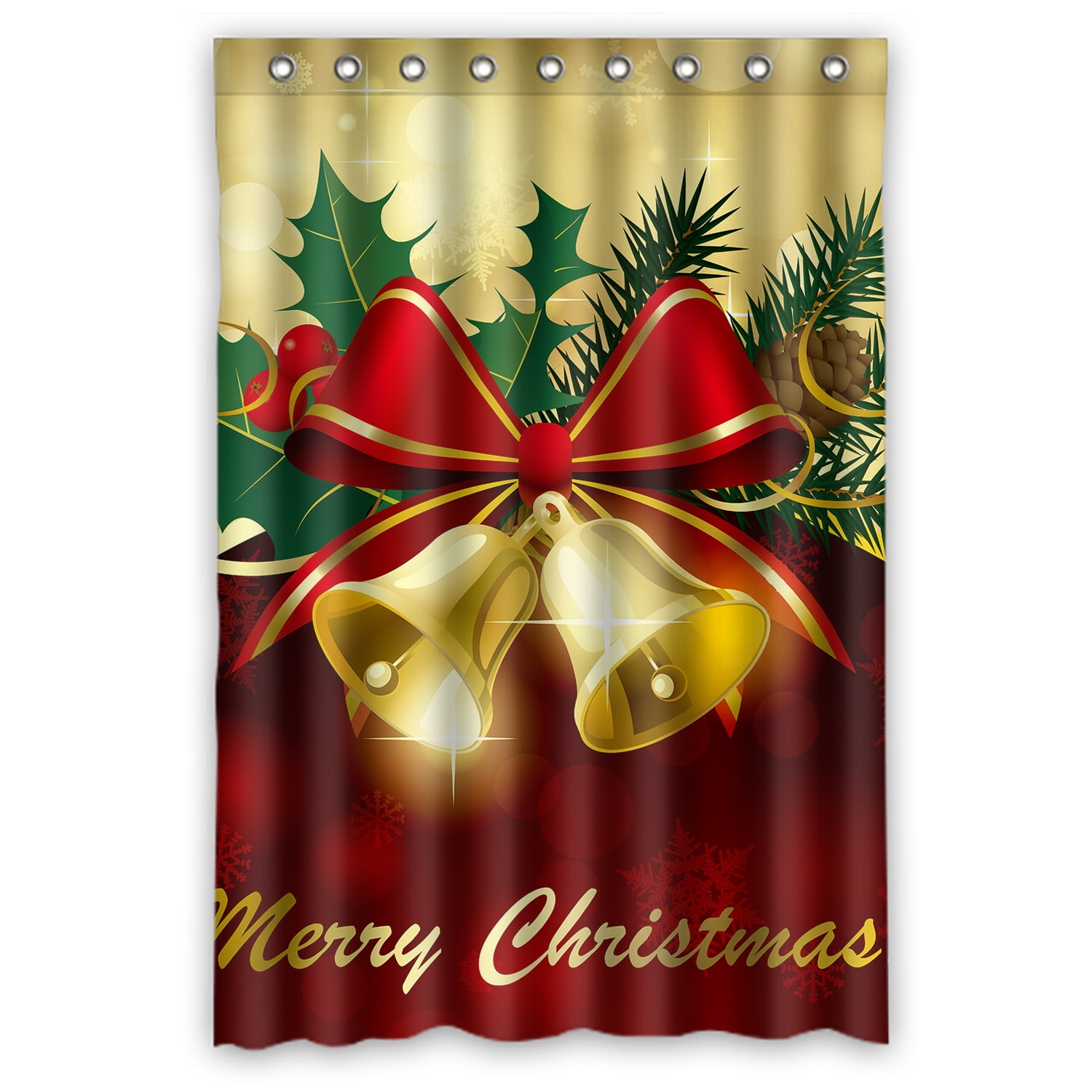 YKCG Christmas Bells Bow Red and Gold Shower Curtain Waterproof Fabric