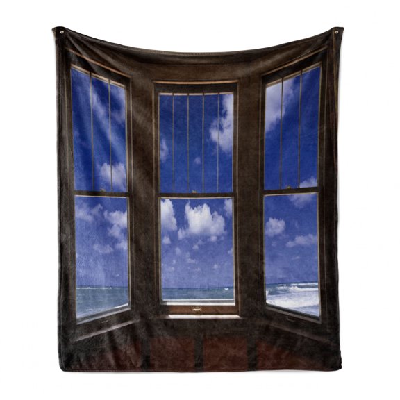 Beach Soft Flannel Fleece Throw Blanket, Sea Ocean Scenery Waves View from Summer House Window Image Art, Cozy Plush for Indoor and Outdoor Use, 50" x 70", Dark Brown Navy Blue, by Ambesonne