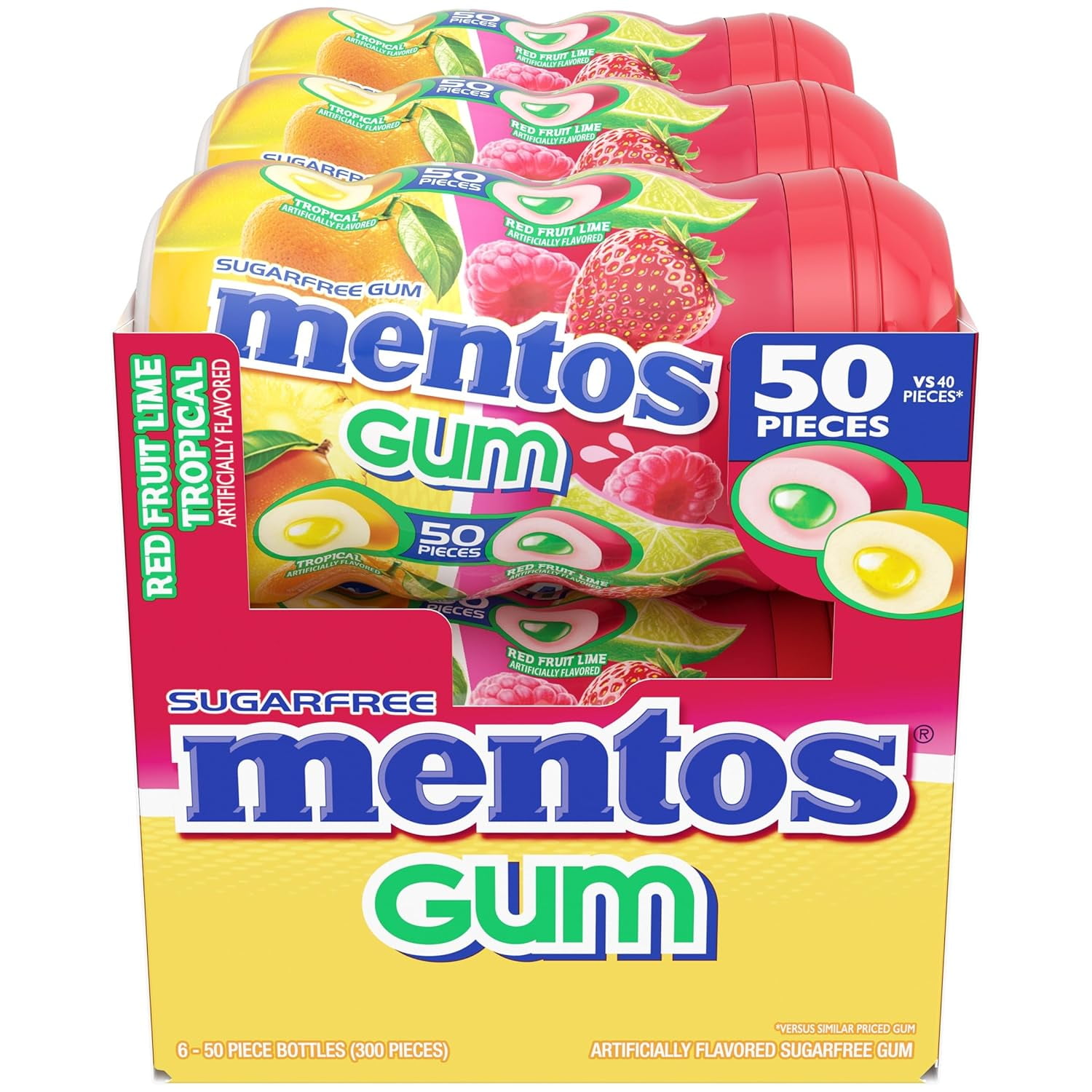 Mentos Holiday Sugar-Free Chewing Gum, Tropical, Red Fruit and Lime, Christmas Stocking Stuffers for Adults & Kids, 50 Piece Bottle (Bulk Pack of 6)