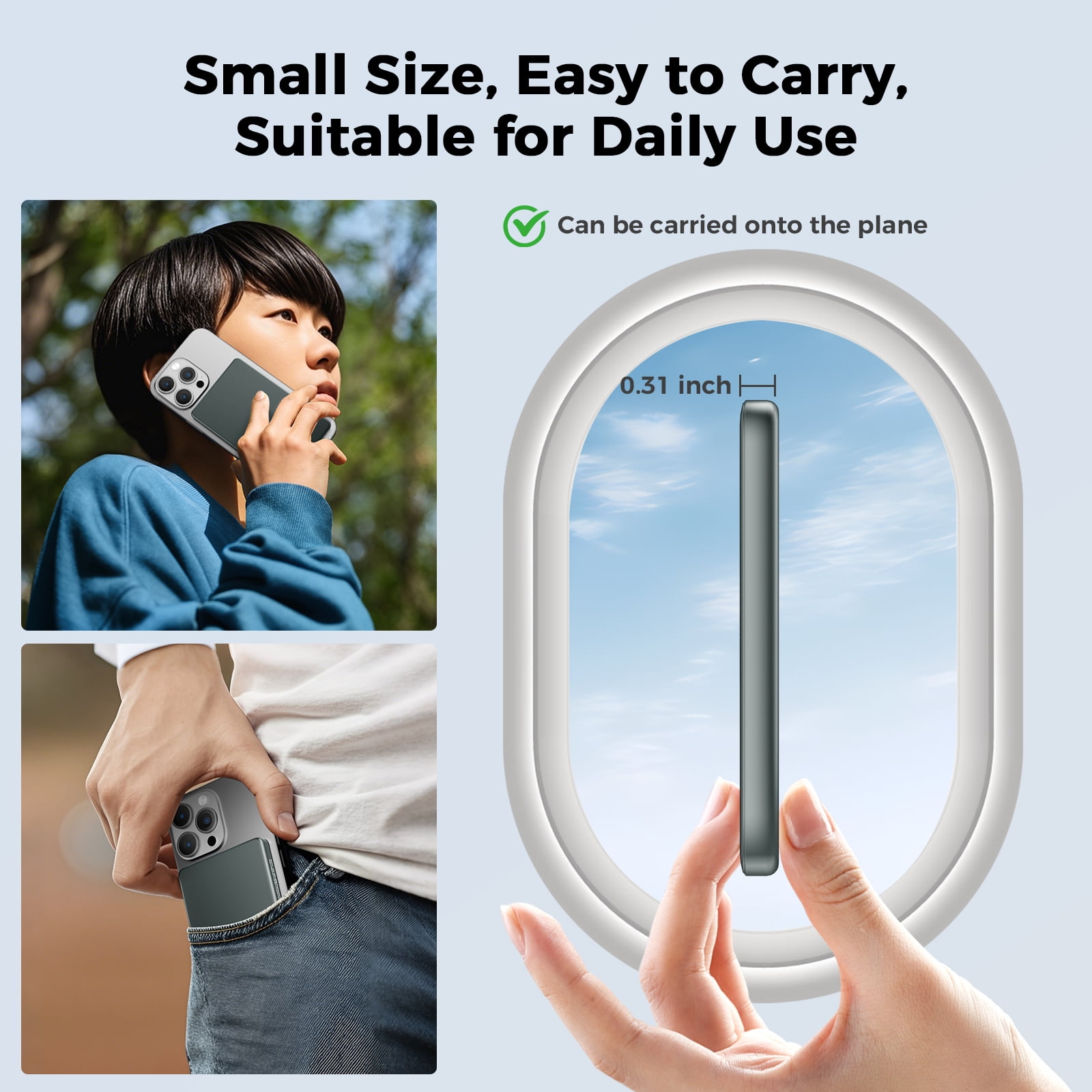 0.3" Ultra Slim MagSafe Portable Charger iPhone, 5000mAh Magnetic Wireless Portable Charger with Fast Charging, Slim MagSafe Battery Pack for iPhone 16 Pro Max/16 Pro/16/15/14/13/12, Grey