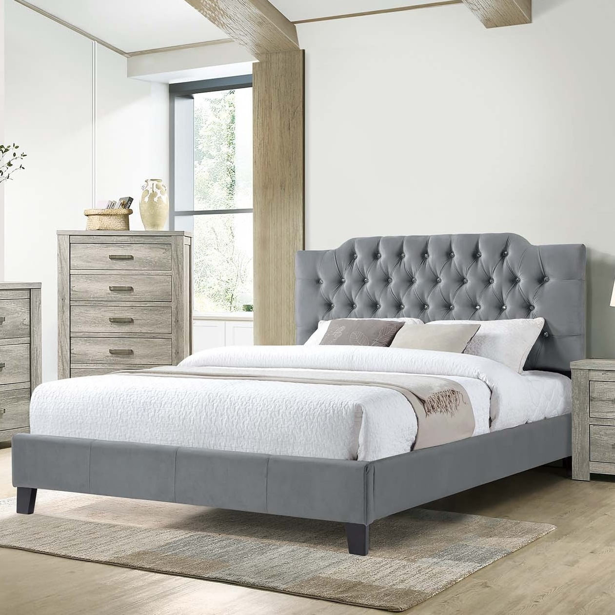 Bed Frame Gorgeous Gray Velvet Queen Size Bed 1pc Bedframe Modern Tufted Upholstered Headboard Bedroom Furniture
