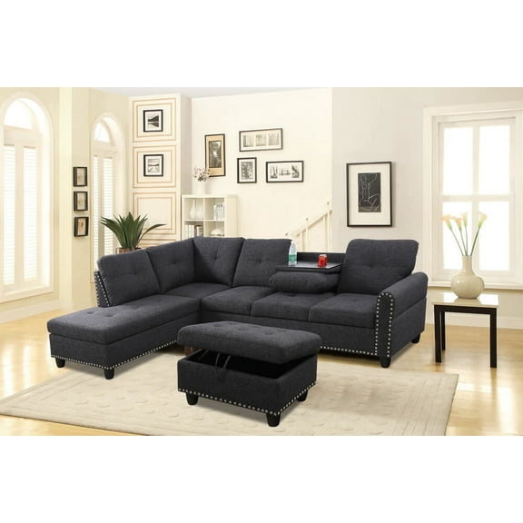 PonLiving Furniture Maghin 98'' Black Grey Linen Sectional Sofa with Storage Ottoman Left Hand Facing PonLiving Maghin 98'' Black Grey Linen Sectional Sofa with Storage Ottoman Left Hand Facing