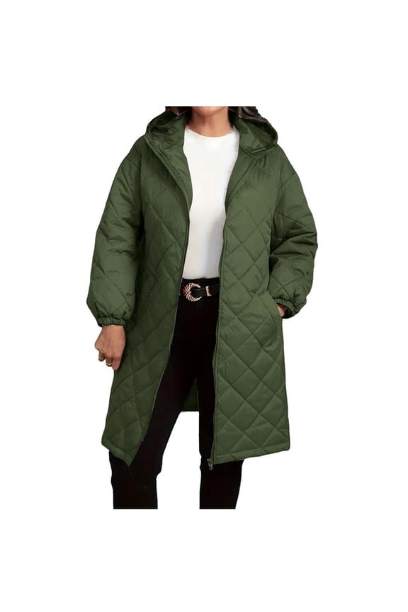 Women Long Quilted Coat Hooded Length Long Sleeve Puffer Jacket Padded Coat Winter Outerwear