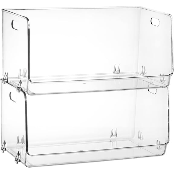 2 Pack Stackable Plastic Storage Bins Open Front, Clear Pantry Organizer Bin Household Food Storage Bin for Kitchen Countertops Cabinet Shelf Fridge