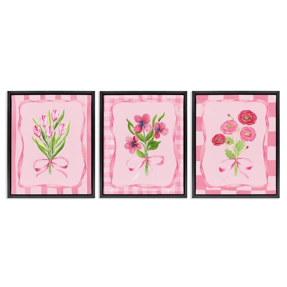 Pretty & Sweet Bordered Flowers 3 Piece Black Framed Floater Canvas Set, design by Nina Jacobs