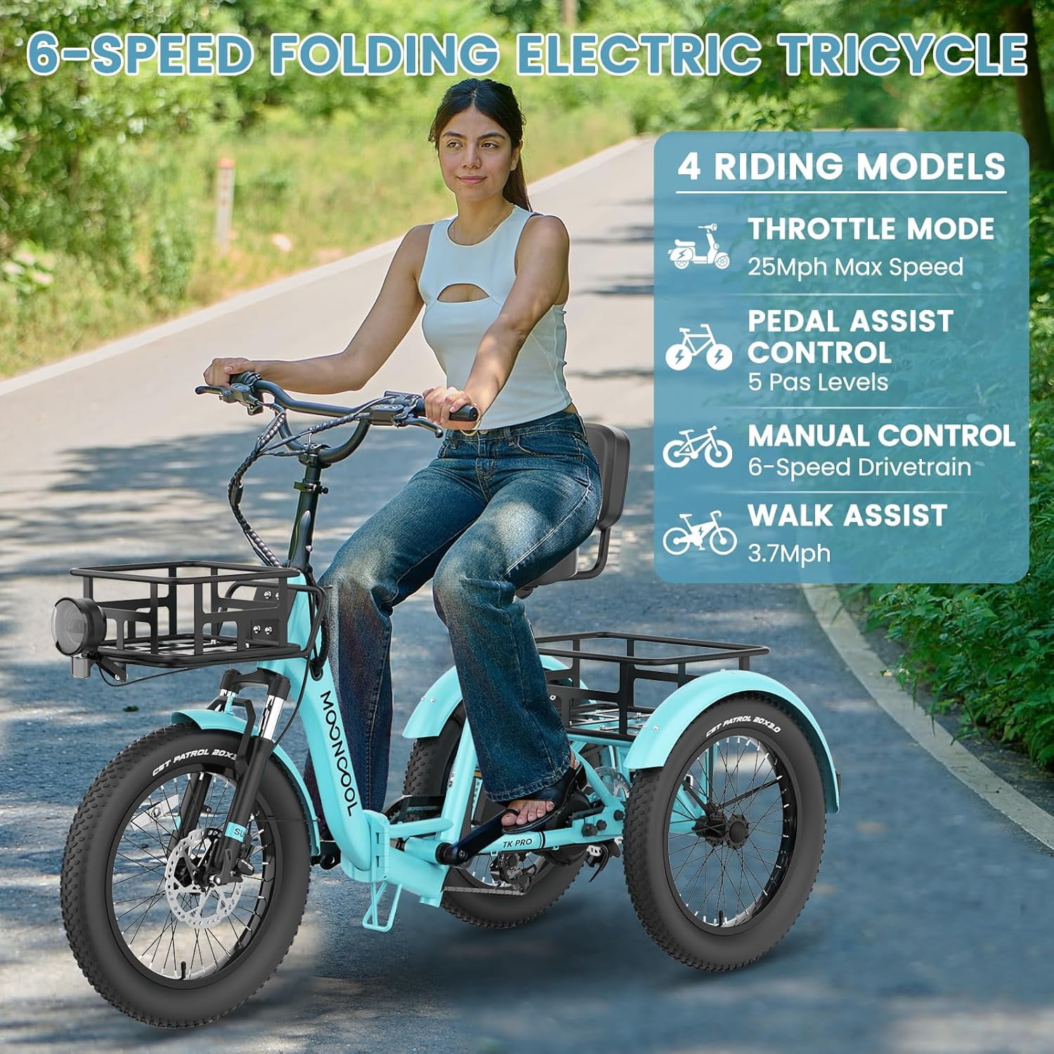 ABORON 20" Fat Tire Electric Trike 750W 48V Motorized Folding Commute E-Bike for Adult, Foldable 3 Wheel Electric Bicycle Trike for Senior Women with Front & Rear Basket
