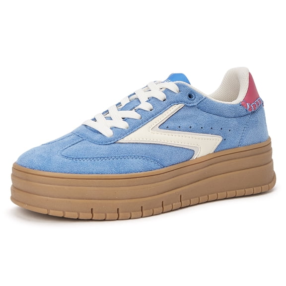 LUCKY STEP Womens Suede Thick Sole Sneakers Retro Rubber Fashion Casual Shoes,Blue&White