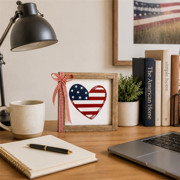 Rustic Farmhouse Wooden Sign, Heart Shaped American Flag Decor, Small Tabletop Shelf Decoration, Americana Home Accent for Living Room Bedroom Office, Housewarming Gift