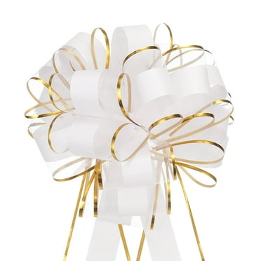 10pcs 8 Inch Large Big Pull Bow with Gold Edge, Organza Car Gift Wrapping Bows Ribbon for Christmas, White