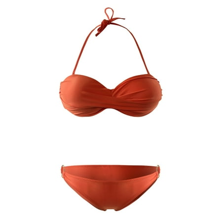JIANJIA Swim Suits for Women Summer Solid Color Detachable Lace Up Halter Brassiere With Thongs Two Piece Brazilian Bikinis Swimwears Beachwear Orange M