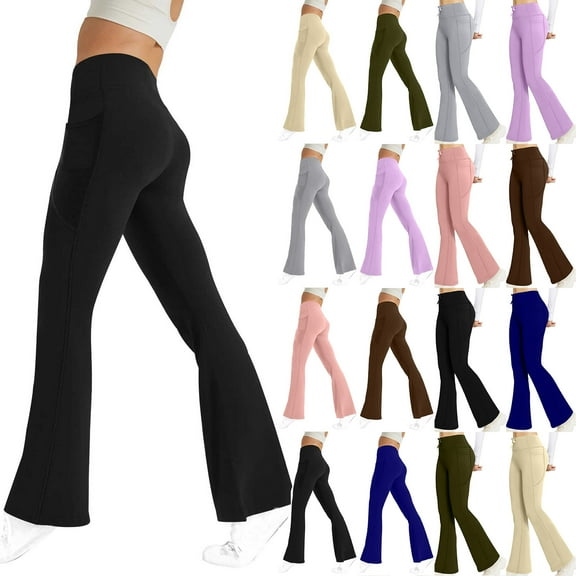 QATAINLAV Weekly Sale Compression Leggings for Women Tummy Control High Waisted Flared Wide Leg Yoga Pants Solid Casual Bell Bottom Trousers with Pockets Purple L