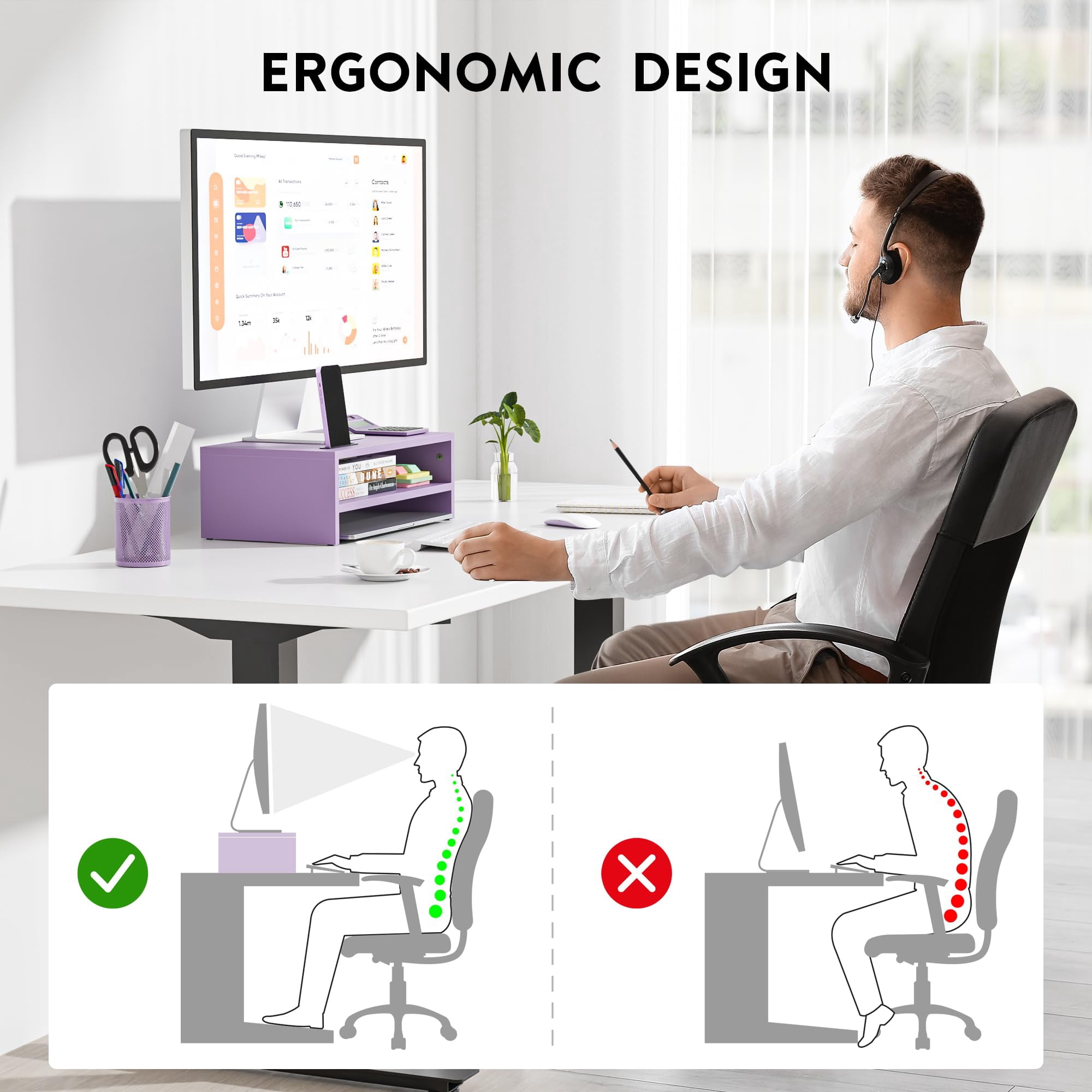 Wooden Monitor Stand Riser  2-tier Desk Shelf With Storage Organizer Computer Cable Management Cellphone Holder Purple 16.5 Inch